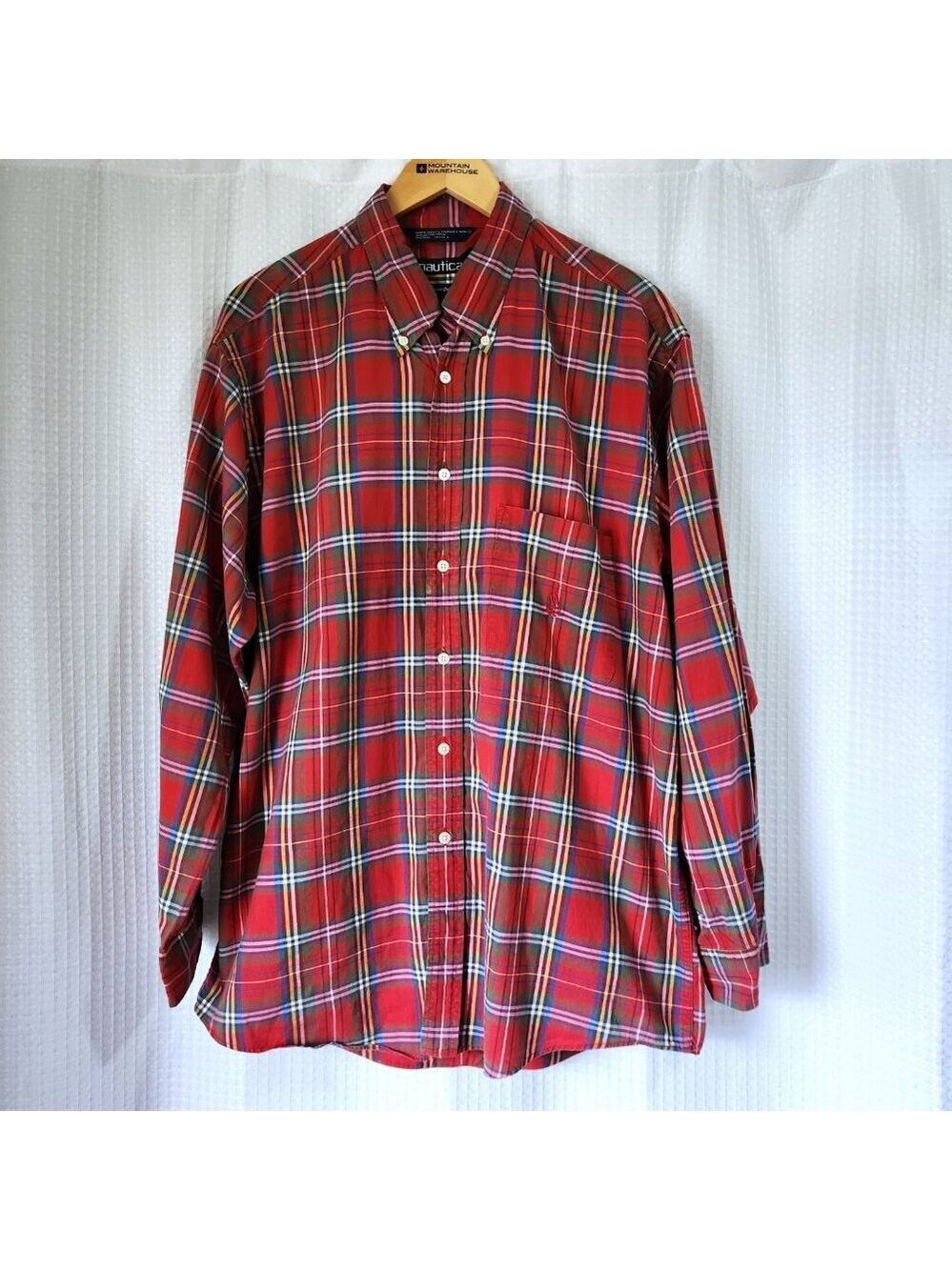 Nautica Shirt Mens Large Pinpoint Oxford Long Sleeve Button Down Plaid Cotton